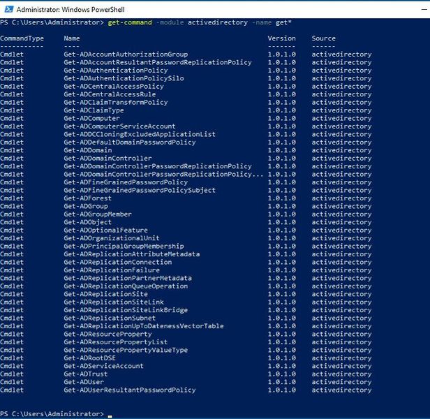 Anzeigen aller Get-Befehle in der PowerShell, zum Abrufen von Informationen aus Active Directory. (Bild: Microsoft / Joos)