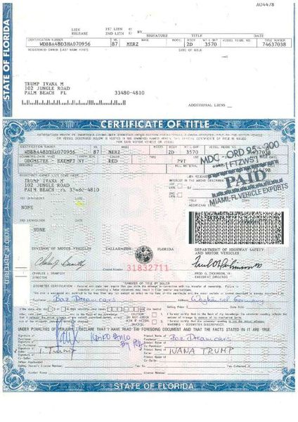 Laut dem „Certificate of title“, das etwa dem Fahrzeugbrief in Deutschland entspricht, war Ivana Trump letzte Halterin. (Baz)