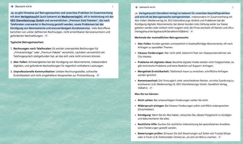 Auszug aus den des von Google erzeugten KI-Zusammenfassungen, die zum Gegenstand der Verhandlungen wurden. (Bild:  LG München I, Endurteil v. 28.05.2026 – 26 O 869/26)