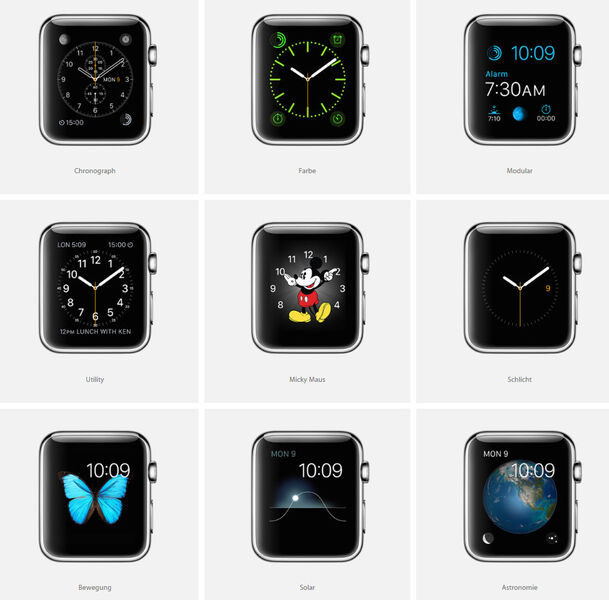 Jede Apple Watch kommt mit verschiedenen Ziffernblättern, die sich auf viele Weisen anpassen lassen. Man kann Farben ändern, Designelemente auswählen und Funktionen hinzufügen. (Bild: Screenshot/www.apple.com/de)
