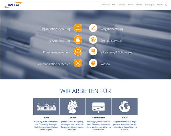 Unsere Beraterinnen und Berater vermitteln Ihnen praxisnahes Wissen, das sich aus einer Vielzahl durchgeführter Organisationsberatungen auf Bundes-, Landes- und kommunaler Ebene speist. Wir wenden eine Vielzahl erprobter Methoden und Techniken an und befähigen Ihre Beschäftigten, diese künftig selbst anwenden zu können. (IMTB Group)