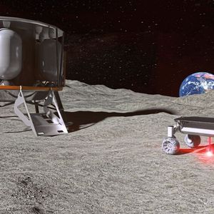 Die Moonrise-Technologie im Einsatz auf dem Mond. Links die Mondlandefähre ALINA, rechts der Rover mit der Moonrise-Technologie – mit angeschaltetem Laser beim Aufschmelzen von Mondstaub.