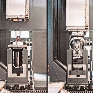 Der automatische Austausch von Fräsköpfen aus dem Speicher in der „Tool Arena“ erfolgt mithilfe eines Shuttles. Hier wird ein vertikaler Fräsvorsatz (links) gegen einen Winkelkopf getauscht.(Bild:  onemorepicture / Bimatec Soraluce)