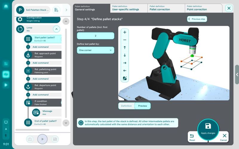 Mehrlagiges Palettieren: End-Of-Line-Packaging oder andere Palettieraufgaben können nun noch einfacher eingerichtet werden. (Bild: fruitcore robotics)