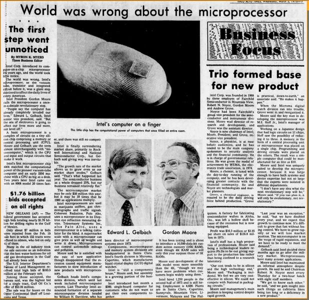 Artikel aus der Peninsula Times Tribune (Palo Alto, Kalifornien) über Intels Mikroprozessor, der in jenem Monat fünf Jahre alt wurde. Der Mikrocomputer-Markt mag derzeit nur 50 Millionen US-$ im Jahr betragen,“ heißt es darin. „Aber so wie die Anwendungen zunehmen, dürfte diese Summe bis 1980 zehnmal so hoch sein.“  (Bild: Peninsula Times Tribune)