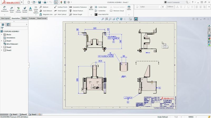 Verbesserungen gibt es auch bei den Zeichnungen. So soll das Erstellen von 2D-Zeichnungen jetzt schneller gehen. (Bild: Solidworks)