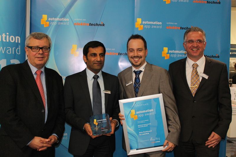 Gewinner in der Kategorie Technik - Data Dashboard for LabVIEW  von National Instuments: v.l Reinhard Kluger von elektrotechnik, Rahman Jamal und Florian Schultz von National Instruments und Bernd Weinig von elektrotechnik. (Kunze/elektrotechnik)