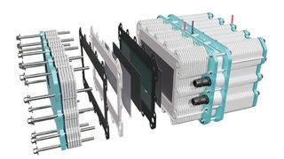 Iron-Salt-Stack: Die Eisen-Salz-Technologie von VoltStorage basiert auf deren patentierten Vanadium-basierten Redox-Flow-Batteriezellen. (Bild: Voltstorage)