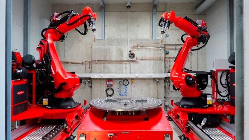 Die kollaborierende WAAM-Roboteranlage hat Alotec Dresden mit 16 synchronisierten Achsen ausgestattet und einem Dreh-Kipp-Tisch. (Bild: Alotec Dresden)