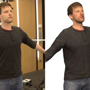 Um das neue Verfahren zu testen, ließ sich der Doktorand Jascha Achenbach gleichzeitig von 40 Kameras fotografieren (li.). Zehn Minuten später war die virtuelle Version des Forschers fertig (re.)