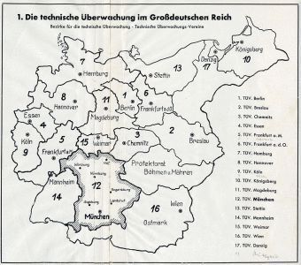 1938: Direkt nach der Ernennung Adolf Hitlers zum Reichskanzler am 30. Januar 1933 beginnen  die Nationalsozialisten, den demokratischen Rechtsstaat zu zerschlagen. Unabhängige Vereine und Institutionen werden „gleichgeschaltet“, Schlüsselpositionen mit Anhängern der NS-Ideologie besetzt. Dieses Schicksal ereilt auch die Revisionsvereine. Zudem findet eine „Selbstgleichschaltung“ statt. Der Bayerische Revisionsverein ordnet bereits frühzeitig die Verwendung des Hitlergrußes an, jüdische und politisch andersdenkende Mitarbeiter werden aus dem Verein gedrängt. Im März 1938 kommt es zu einer grundlegenden Umgestaltung der technischen Überwachung in Deutschland: Aus den bisher 37 Institutionen im Reichsgebiet werden 14 regionale Überwachungsvereine, die erstmals einheitlich als TÜV (Technische Überwachungsvereine)  bezeichnet werden. An die Stelle der individuellen Statuten tritt eine Einheitssatzung. Für Unternehmen mit überwachungspflichtigen Anlagen wird die Mitgliedschaft im jeweils zuständigen TÜV verpflichtend. Damit wird das System der technischen Überwachung modernisiert und national vereinheitlicht. Der Preis dafür ist hoch: Die Vereine verlieren ihre Unabhängigkeit und damit einen ihrer wichtigsten Werte. (TÜV Süd)