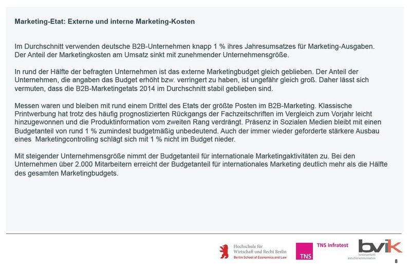 Unsere Bildergalerie zeigt Ausschnitte aus der Kurzzusammenfassung der bvik-Studie B2B-Marketing-Budgets 2014. (Bildquelle: bvik-Studie B2B-Marketing-Budgets 2014 © bvik)