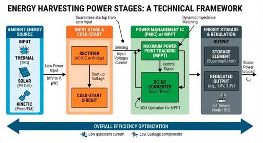 Step‑by‑step mathematical framework for sizing ultra‑low‑power conversion stages — equations for dynamic impedance matching, DCM sizing and quiescent‑loss budgeting to ensure cold‑start and long‑term autonomy in battery‑free IoT nodes.(Source:  Diego de Azcuénaga)