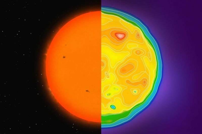 Wärmebilder der Sterne  Kanadische Forscher haben einen Weg gefunden, die Temperaturschwankungen eines Sterns so genau wie nie zuvor zu messen. Dies könnte zukünftig bei der Entdeckung und Untersuchung von Exoplaneten helfen.  Astronomen untersuchen Sterne, indem sie die verschiedenen Farben des von ihnen ausgesandten Lichts betrachten. Nun hat ein Team unter der Leitung von Étienne Artigau von der Université de Montréal eine Technik entwickelt, die das Spektrum eines Sterns nutzt, um seine Temperaturschwankungen auf ein Zehntel Grad Celsius genau zu bestimmen. Die Daten geben de Wissenschaftlern etwa Hinweise auf Rotationsperiode, Sternaktivität und Magnetfeld des Sterns  Hier gehts zur Originalmeldung Wissenschaftsbild des Tages vom 24.9.2024  (Bild: Benoit Gougeon/UdeM)