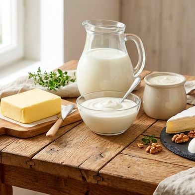 Käse, Butter und Joghurt liegen im Trend: Der Verbrauch von Milchprodukten in Deutschland entwickelt sich unterschiedlich – während Käse auf Rekordniveau klettert, sinkt der Konsum von Trinkmilch weiter. (Bild: Gemini 3.1 Flash Image / KI-generiert)