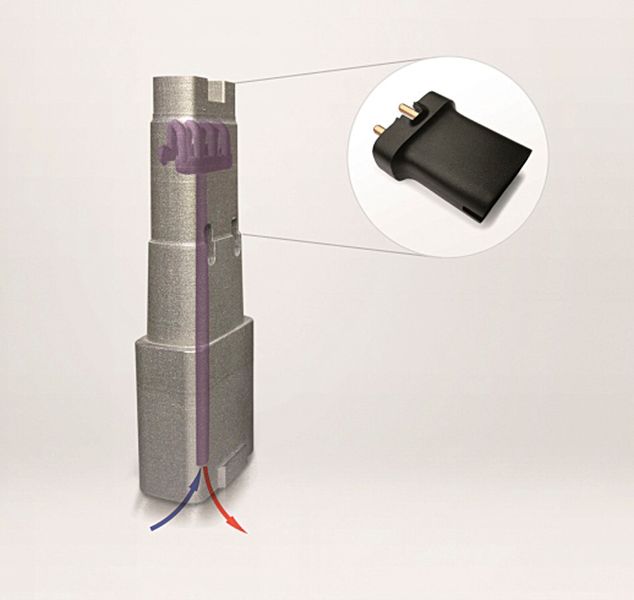 Tool insert and injection-moulding component: Thanks to conformal cooling the time required for cooling was reduced from 14 to just 8 seconds for each cycle, and part quality improved. (Source: Salcomp)