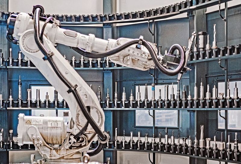 In der separaten, neben der Anlage angeordneten „Tool-Arena“ verwaltet ein Roboter 395 Werkzeuge sowie fünf Fräsköpfe. (Bild: onemorepicture / Bimatec Soraluce)