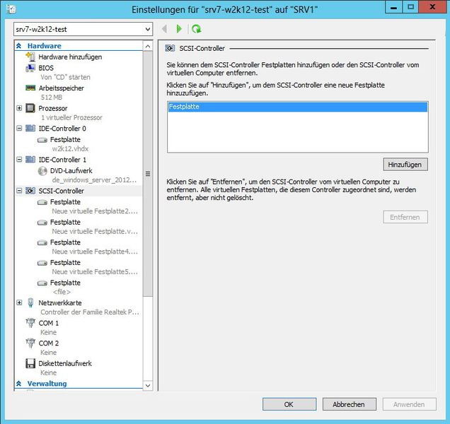 Abbildung 7: Klicken Sie in den Einstellungen auf SCSI-Controller, dann auf Festplatte und dann auf Hinzufügen. Sie fügen jetzt den USB-Datenträger vom Hyper-V-Host als Datenträger über den virtuellen SCSI-Datenträger an den virtuellen Server an. (Bild: Joos)