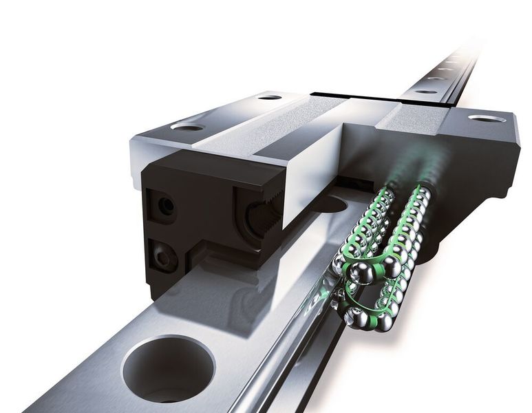 Die THK-Linearführung SHS: Die integrierte Kugelkette hält die Wälzkörper in einem konstanten Abstand. (Indunorm Bewegungstechnik GmbH)