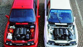 Vierzylinder Hightech: der M3 1987 in der Straßen- sowie in der Rennversion. (Foto: BMW)