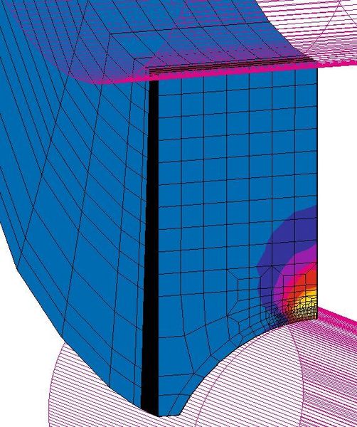 Abb. 6: 2K-Rolle: Typisches FEM-Verformungsbild einer Rollen- hälfte mit grosser achsialer Querdehnung im weichen Radkörper (linksseitig; rechts liegt die unverformte Symmetrieebene).  (Bild: IWK)