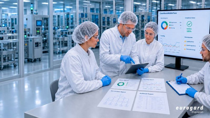 Neben den Messwerten werden für GMP-Reportings unter anderem auch Messort, Zeitpunkt, Messart, Gerät, Benutzer, Grenzwerte und Bewertungen benötigt.(Bild:  Eurogard / KI-generiert)
