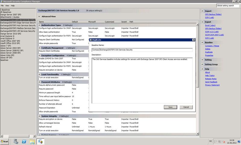 Auf der linken Seite stehen die verschiedenen Empfehlungen über Baselines zur Verfügung. Um Server anzupassen, klickt man auf die entsprechende Baseline und wählt im rechten Bereich  bei Baseline den Befehl „Duplicate“ aus. Auf diese Weise lassen sich eigene Richtlinien erstellen und die Standardrichtlinien bleiben erhalten. (Archiv: Vogel Business Media)