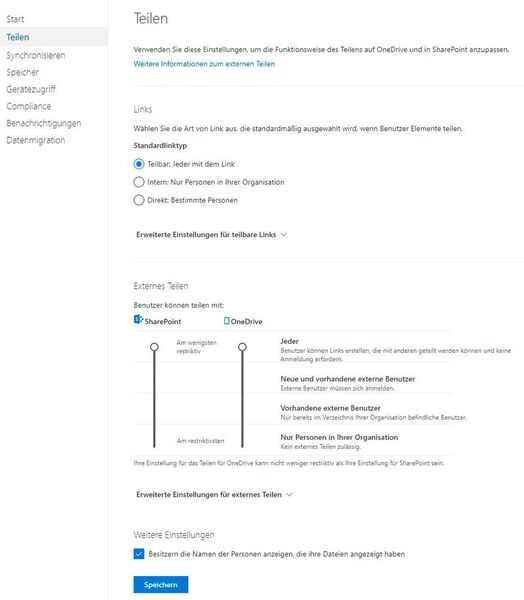 Die Teilenfunktion von Anwendern kann im OneDrive Admin Center gesteuert werden. (Joos/Microsoft (Screenshot))
