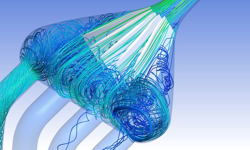 Simulation der Strömungen in der Airbox mit Leitschaufeln. Durch das interne Leitblechsystem der Airbox ist es gelungen, die Strömung nahezu ablösungsfrei in die jeweils offenen Zylinder zu leiten. (Bild: Ansys)