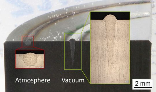 (Die Abbildung zeigt deutlich den Unterschied zwischen Schweißen „an Atmosphäre“ und unter Vakuum. Bei letzterem ist die Qualität der Schweißnaht deutlich besser. 2020 erhielt die LaVa-X für das neue Verfahren den regionalen Innovationspreis „Award Rheinland Genial“. Bild: LaVa-X)