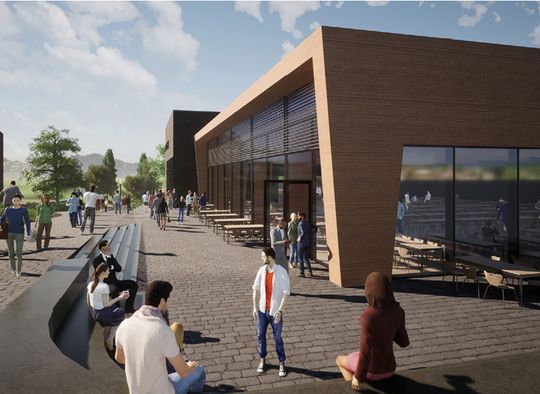 (Neubau-Visualisierung einer Mensa in Güstrow. Bild: matrix architektur gmbh, Rostock)