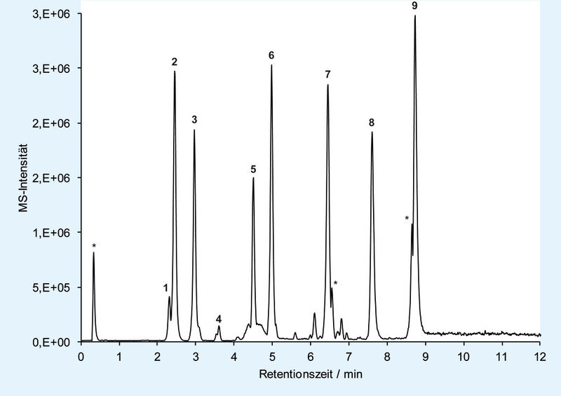 Abb. 4b: ... und typisches LC-MS-BPC (m/z = 100-700) eines mit fünf Sudanfarbstoffen gespikten Chilisaucenextrakts (Verdünnung 1:1000, unten). In beiden Analysen kam ein Chromolith® 50 – 0.2 mm RP-18e zur Anwendung. 1: Nordihydrocapsaicin, 2: Capsaicin, 3: Dihydrocapsaicin , 4: Homodihydrocapsaicin, 5: Pararot, 6: Sudan I, 7: Sudan II, 8: Sudan III, 9: Sudan IV *Probenmatrix. Gradiententrennung, A: Wasser + 0.1 % Ameisensäure, B: Acetonitril + 0.1 % Ameisensäure, 35 % - 95 % B in 8 Minuten, 3 Minuten bei 95 % B. (Bild: Merck/S. Altmaier)