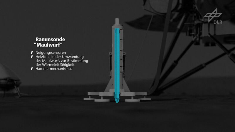 Am 12. Februar 2019 um 19:18 Uhr MEZ ist der Marsmalwurf HP3 des DLR nun mit dem robotischen Arm des NASA-Landers InSight ausgesetzt worden. (DLR / CC BY 3.0)