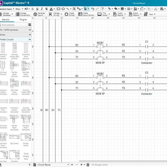 Capital Electra X ermöglicht die Wiederverwendung von Schaltkreisen durch einfaches Ziehen und Ablegen, wobei alle Symbole und Drähte intelligent umbenannt werden.  (Bild:  Siemens)