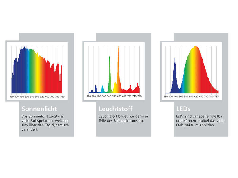 Farbspektren, die von Sonnenlicht (links), Leuchtstoff (Mitte) und LEDs (rechts) ausgehen. LEDs sind variabel einstellbar und können das volle Farbspektrum flexibel abbilden. (© Foto Fraunhofer UMSICHT)