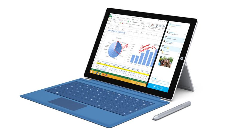 Microsofts Surface 3 Pro überzeugt vor allem durch ein 12-Zoll-Display mit einer Auflösung von 2.160 x 1.440 Pixel, seinen in mehreren Stufen verstellbaren Kickstand und dem Touch- oder Type-Cover, welches Laptop-artiges Arbeiten mit dem Tablet ermöglicht. Mit der Intel Core-Prozessor-Familie der 4. Generation (i3, i5 und i7) bringt es außerdem für jedes Szenario die passende Leistung. (Bild: Microsoft)