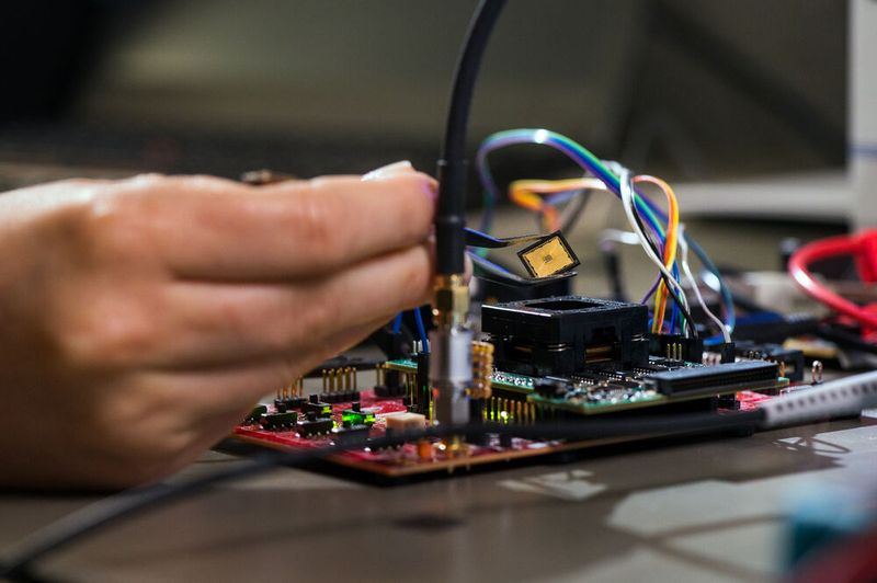 Platzierung des Chips auf der Testplatine: Tim Fritzmann hält den Chip mit einer Pinzette, um diesen anschließend auf der Testplatine zu platzieren. Über den Prozessorsockel kann der Chip schnell aus- und eingebaut werden. (Bild: Astrid Eckert / TUM)