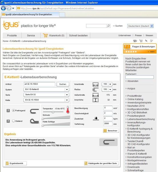 Die Online-Lebensdauerberechnung für Energieketten ist  weltweit die Einzige, fußend auf empirisch erfassten Daten. Die zu erwartende Lebensdauer wird in Doppelhüben und Kilometern angegeben.  (Bild: igus)