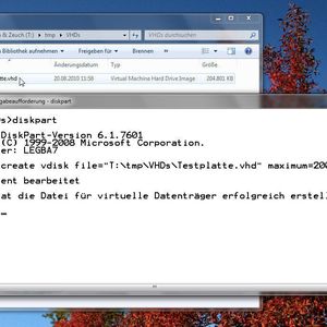 Schnelles Anlegen eines VHD-Containers direkt an der Kommandozeile: Die aktuellen Windows-Systeme sind mit einer Version des Tools „diskpart“ ausgestattet, die auch mit virtuellen Festplatten umgehen kann.