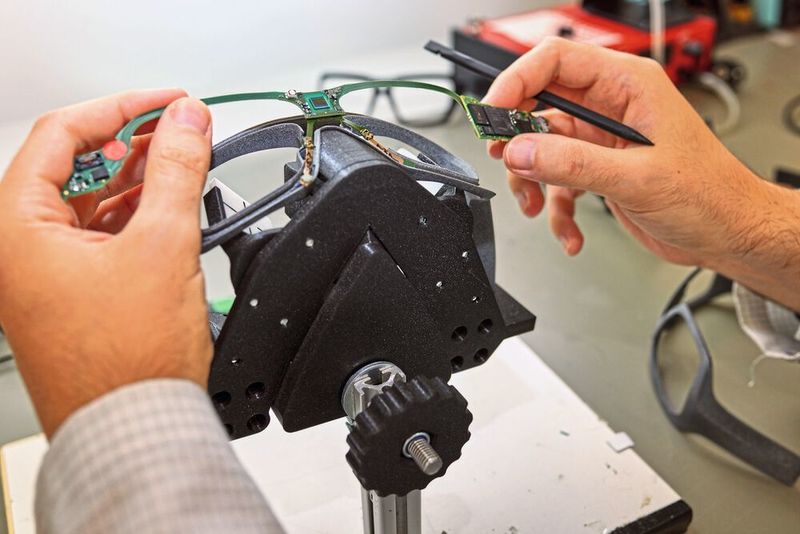 Wegen der Form der Brille wird die Kameratechnik per Hand eingelegt. (Viewpointsystem)