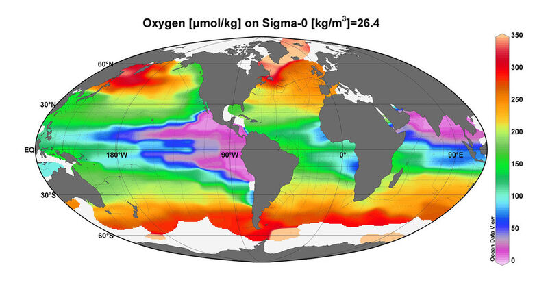 Die marinen Sauerstoffminimumzonen: Sauerstoffverteilung im Ozean in ca. 300m Wassertiefe (Bild: SFB 754)