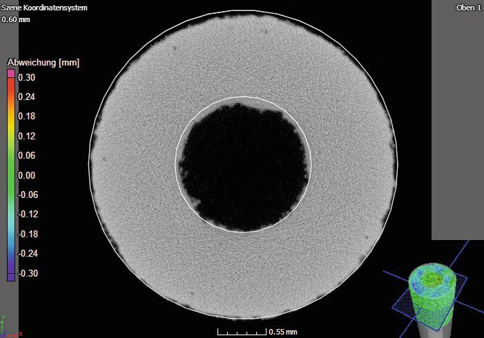 Schnittansicht (axial) der nicht-hirtisierten Düse mit CAD-Vergleich. Die CAD-Daten sind als weiße Linie dargestellt. (Bild: Visiconsult)