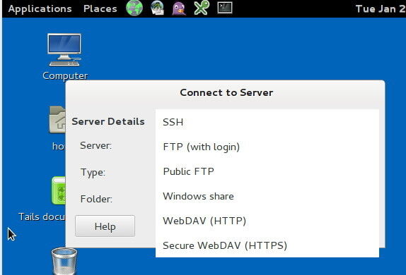 Auf Wunsch kann Tails Daten auch im Netzwerk auf einem Server speichern. Dazu steht im Bereich „Places“ die Option „Connect to Server“ zur Verfügung. Als Protokoll stehen SSH, FTP, Windows-Freigaben und WebDAV zur Verfügung. (Bild: Thomas Joos)