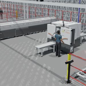 Mithilfe von Kastosimulation kann ein Digitaler Zwilling des Lagers, der Stationen und des angebundenen Sägezentrums als 3D-Simulation erstellt werden. Gleichzeitig erfolge eine Plausibilitätsprüfung aller Abläufe. (Bild:  Kasto)