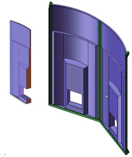 CAD-Entwurf und  Schnittdarstellung des Gesamtschleusen-Stemmtores mit belastungsangepasstem GFK-Sandwich-Querschnitt.  (Bild: ADETE)
