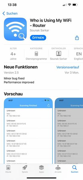 „Who is Using My WiFi-Router“ ist eine App für iOS, mit der auch über das iPhone und iPad nach Clients im WLAN gesucht werden kann. (Bild: Joos - Sounak Sarkar)
