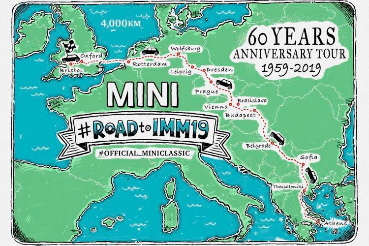 Die Karte des Roadtrips zum „International Mini Meeting 2019“ in Bristol. Von Athen aus führt der Weg durch zehn Länder. In Deutschland ist ein Treffen mit Trabi-Fans geplant.  (BMW AG)