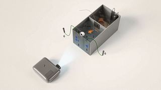 „Rechnen mit Buntbarschen“, Versuchsaufbau: 1) Start-Box, 2) Versuchsbereich, 3) Guillotinen-Tür, 4) Entscheidungsbereich, 5) Stimuli, 6) Fütterungsrohre, 7) Projektor (zeigt erst die Rechenaufgabe und wechselt danach zu den Lösungsvorschlägen, wie hier im Bild gezeigt). (Schluessel, V., Kreuter, N., Gosemann, I.M. et al.; DOI 10.1038/s41598-022-07552-2)