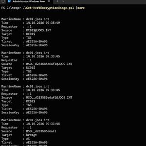 „Get-KerbEncryptionUsage.ps1“ listet für jede Ticketanfrage an „dc01.joos.int“ Quelle, Ziel und Tickettyp sowie die Verfahren für Ticket und Sitzungsschlüssel, hier ausschließlich AES256-SHA96.(Bild:  Thomas Joos)