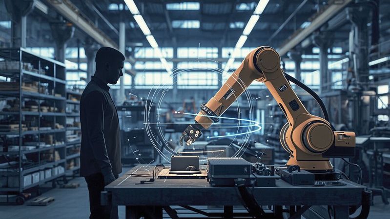 In the EU project RoboSAPIENS, the Fraunhofer IFF is testing human-robot collaboration without a safety fence, in which the robot adapts its speed and behavior to the detected risk depending on the situation.(Image: Lucid Origin / AI-generated)